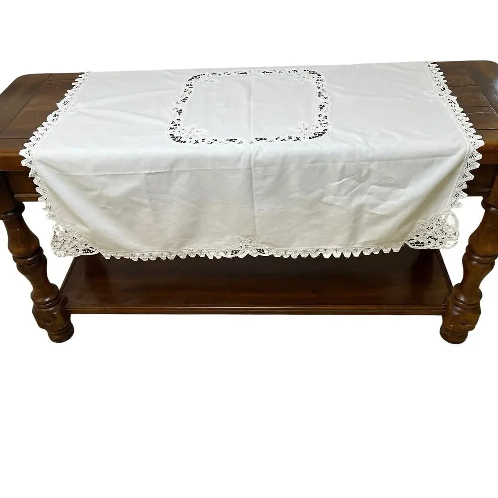 White Cutwork Lace Tablecloth 40x37 Square Table Topper Cottagecore Dresser Vtg